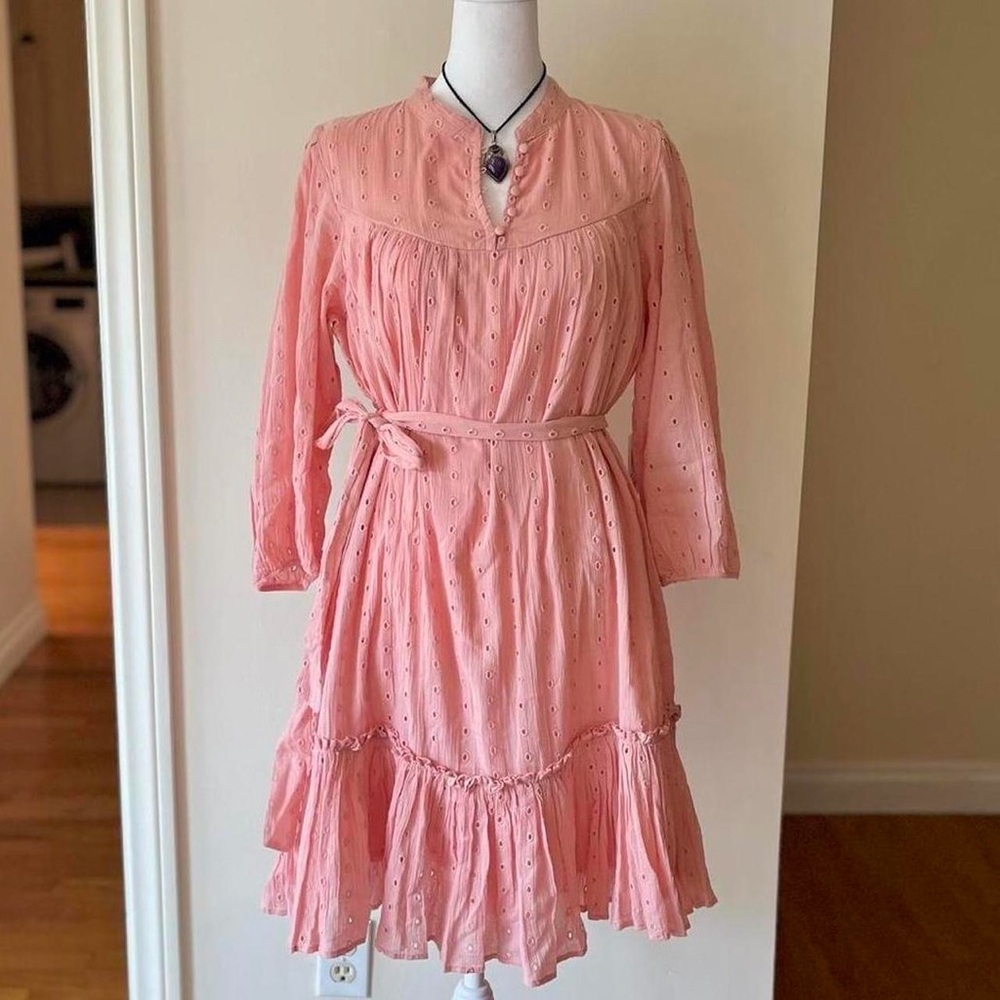Prairie Peasant Eyelet Lace Dress S Lolita Midi Boho Pink Cottagecore Southern